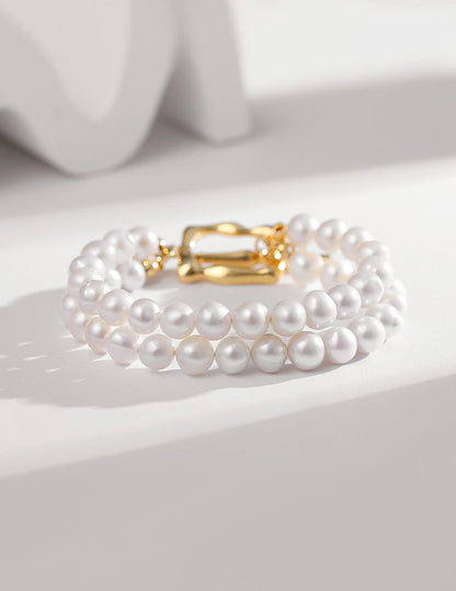 Sterling Silver Double-Layer Nature Pearl Bracelet With Gold Buckle