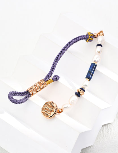 Purple Braided Cord Lapis Lazuli Pearl Bracelet