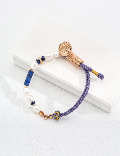 Purple Braided Cord Lapis Lazuli Pearl Bracelet