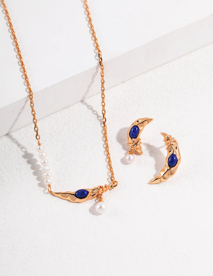 Moon Element Sterling Silver Lapis Lazuli  Pearl Necklace