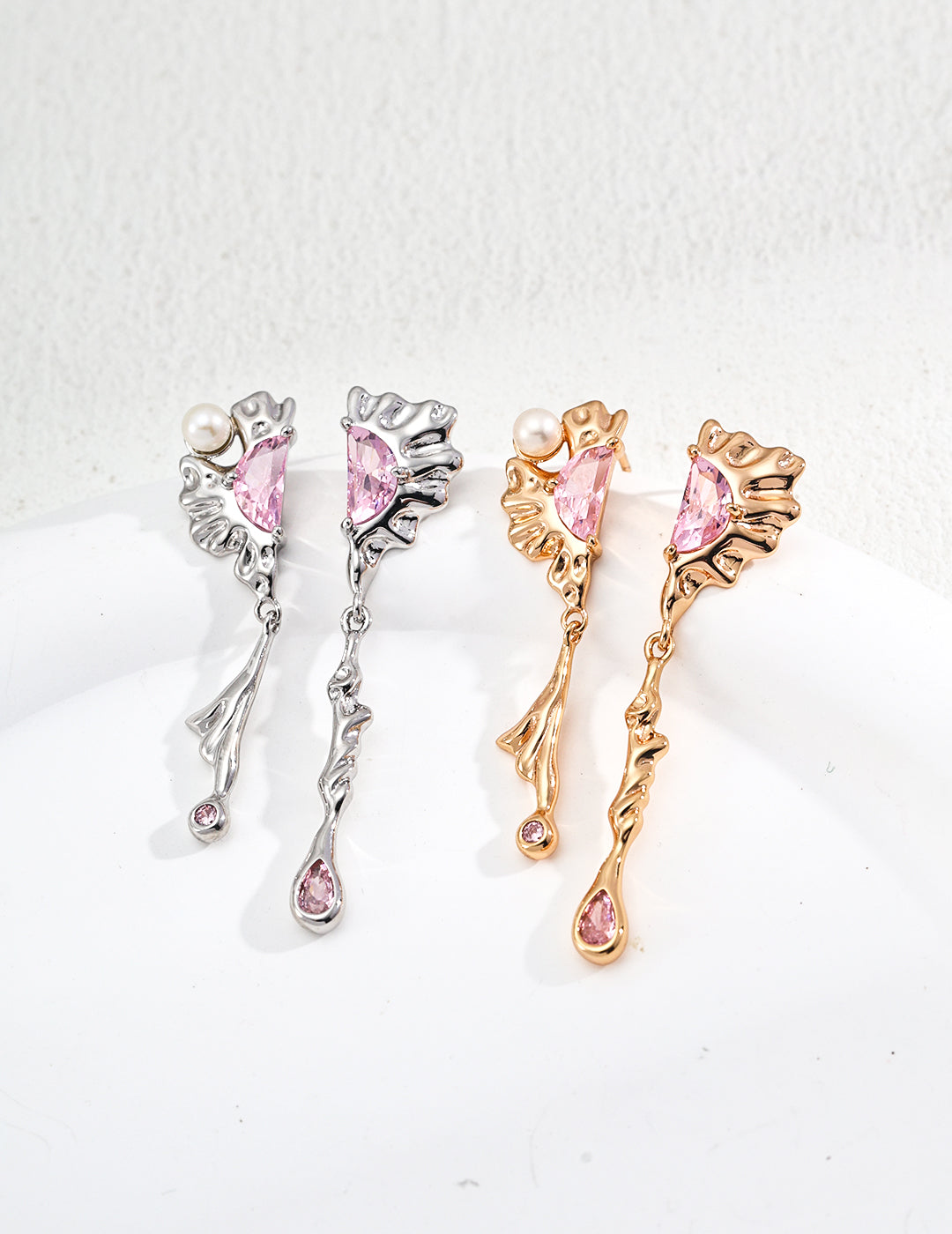 Elegant Semi-Lunar Pink Gemstone Earrings with Ripple Texture in Silver & Gold