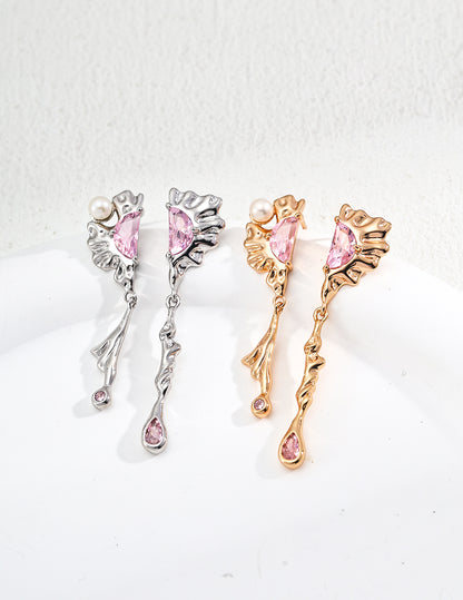 Elegant Semi-Lunar Pink Gemstone Earrings with Ripple Texture in Silver & Gold