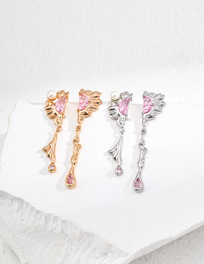 Elegant Semi-Lunar Pink Gemstone Earrings with Ripple Texture in Silver & Gold