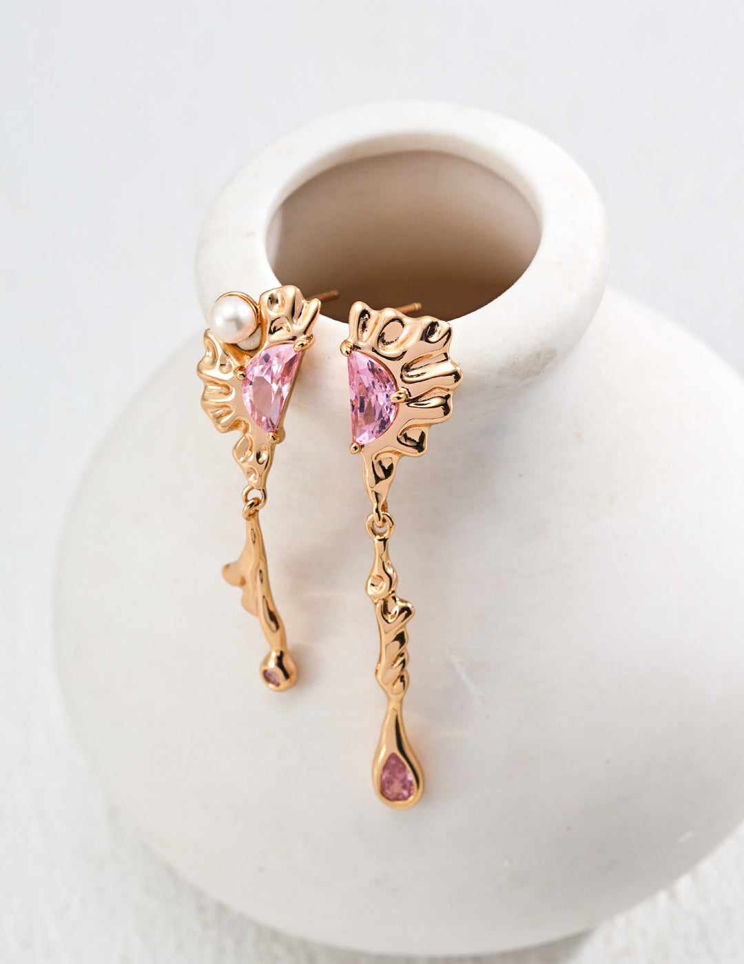 Elegant Semi-Lunar Pink Gemstone Earrings with Ripple Texture in Silver & Gold