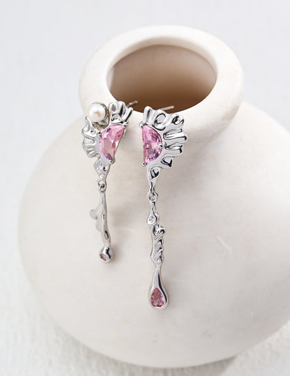 Elegant Semi-Lunar Pink Gemstone Earrings with Ripple Texture in Silver & Gold