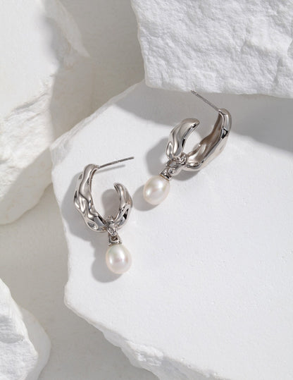 Natural Pearl Scarf Design Sterling Silver Drop Earrings