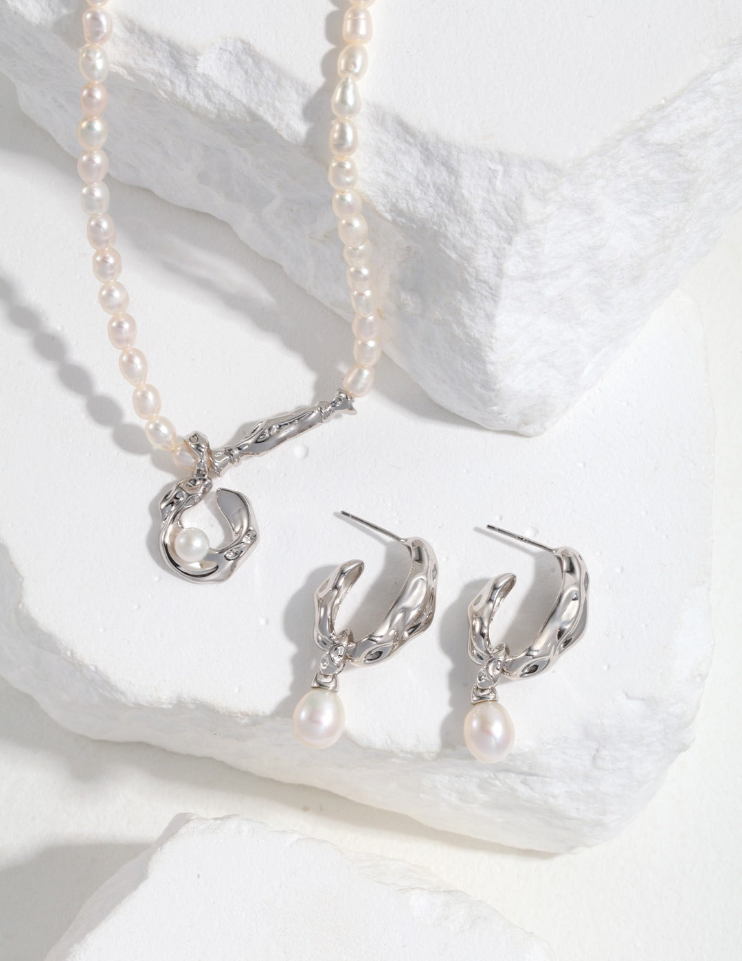 Natural Pearl Scarf Design Sterling Silver Drop Earrings