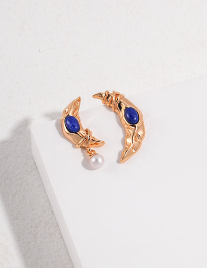 Elegant Moon-Shaped S925 Silver Earrings with Natural Pearls & Lapis Lazuli