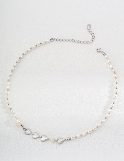 Gold-Touched Sterling Silver Hearts Pearl Necklace