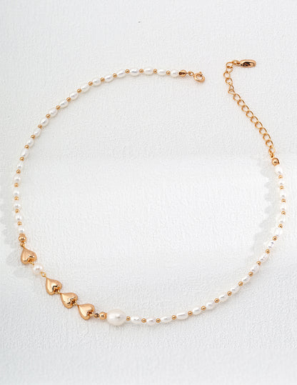 Gold-Touched Sterling Silver Hearts Pearl Necklace