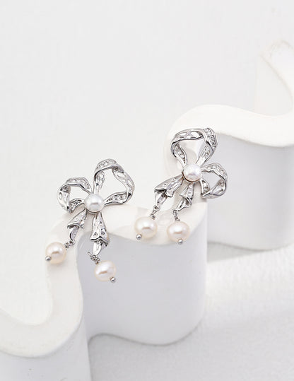 Sterling  Silver Butterfly Bow-shaped Zircon Pearl Earrings