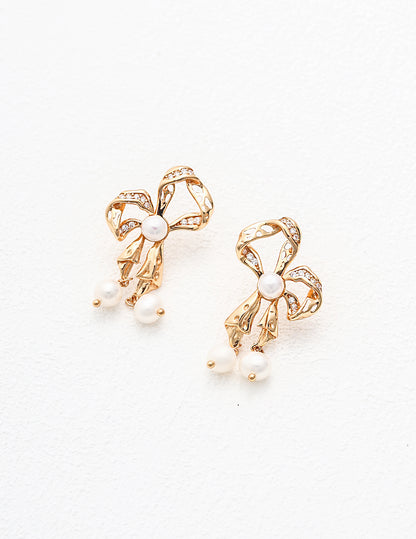 Sterling  Silver Butterfly Bow-shaped Zircon Pearl Earrings