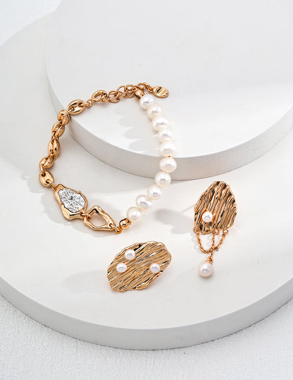 Elegant Half-Pearl, Half-Gold-Plated Sterling Silver Bracelet