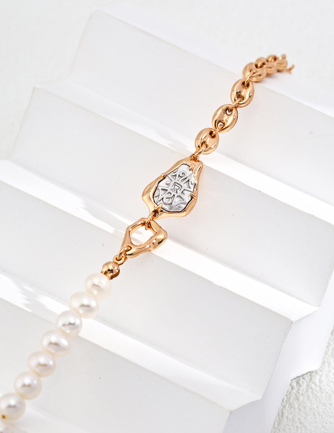 Elegant Half-Pearl, Half-Gold-Plated Sterling Silver Bracelet