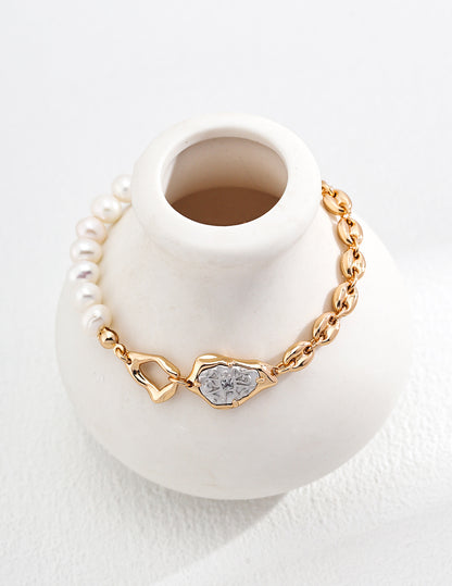 Elegant Half-Pearl, Half-Gold-Plated Sterling Silver Bracelet