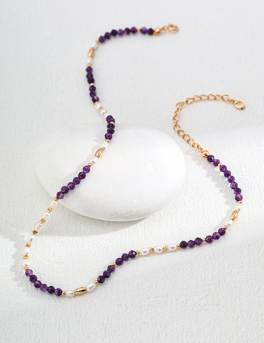 S925 Silver Vintage Natural Pearl and Amethyst Necklace